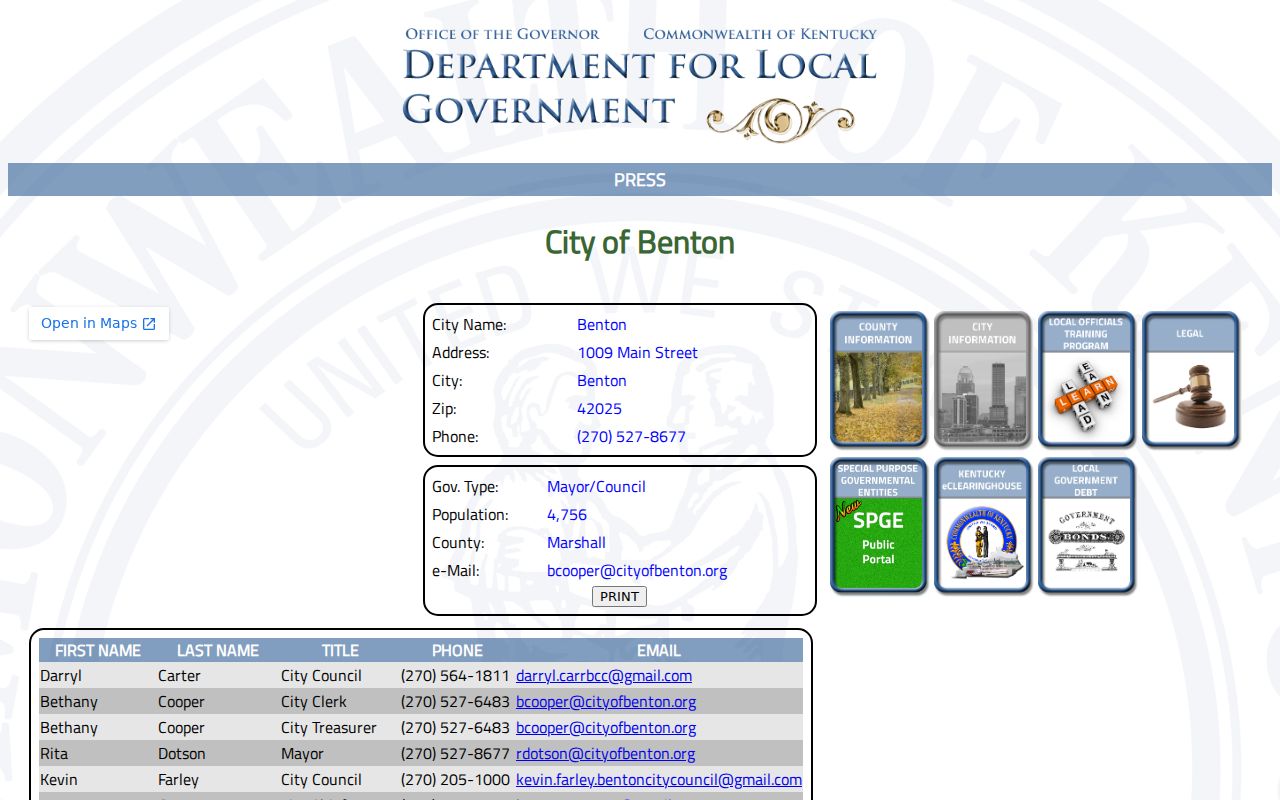 Kentucky Department for Local Government Benton city profile