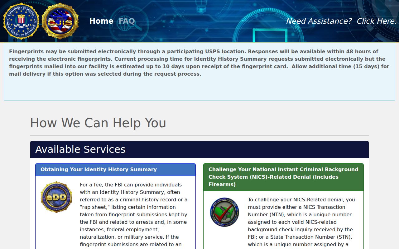 FBI electronic Identity History Summary ordering portal