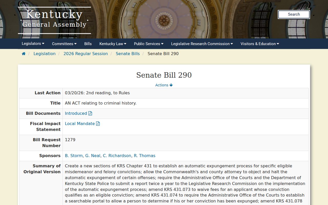 Official Kentucky Senate Bill 290 legislative status page